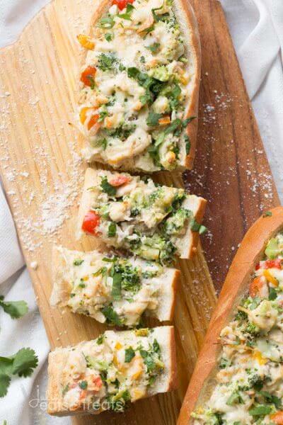 Broccoli and Chicken Bread Boats ~ Toasted Bread Loaded with Broccoli, Chicken and Cheese with a Light Hot Sauce! The Perfect Easy Dinner Recipe!