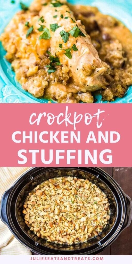 Crockpot chicken and stuffing pinterest collage. Top image of prepared chicken and stuffing on a blue plate, bottom image of chicken and stuffing in a crock pot.