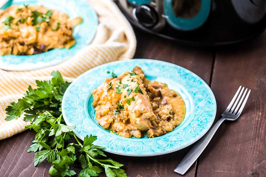 Crockpot Chicken and stuffing on blue plate