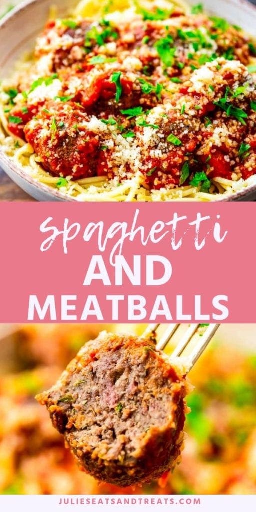 Collage with top image of spaghetti and meatballs in a bowl topped with Parmesan, pink middle banner with white text reading spaghetti and meatballs, and bottom image of half a meatball on a fork