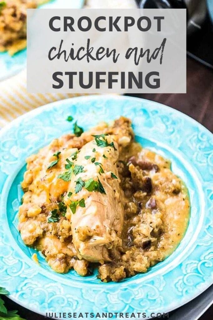 Crockpot chicken and stuffing on a blue plate