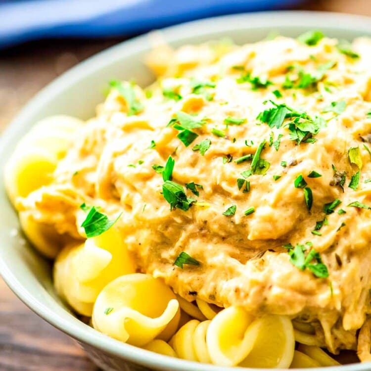 CrockpPot Italian Chicken over pasta in bowl