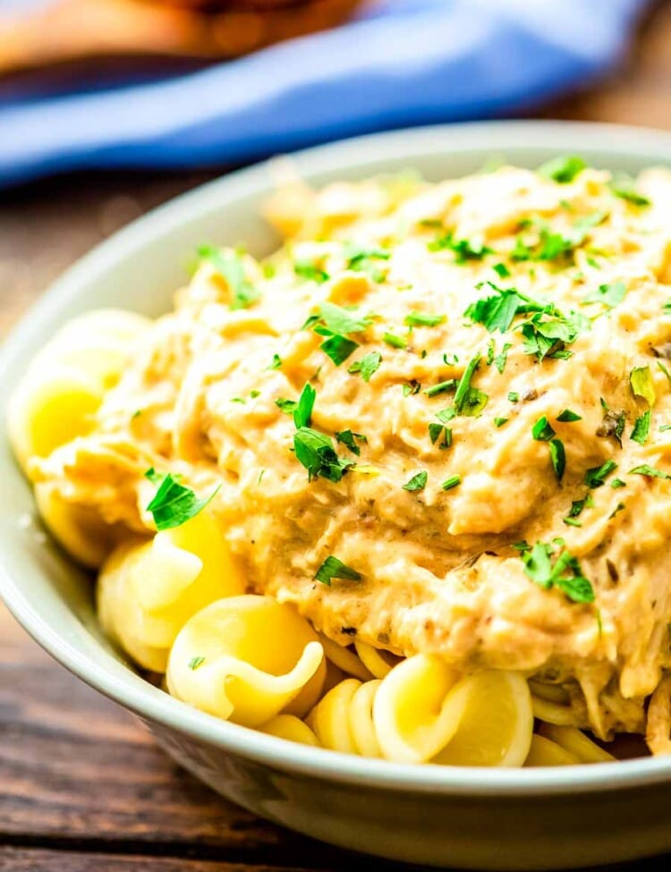 CrockpPot Italian Chicken over pasta in bowl