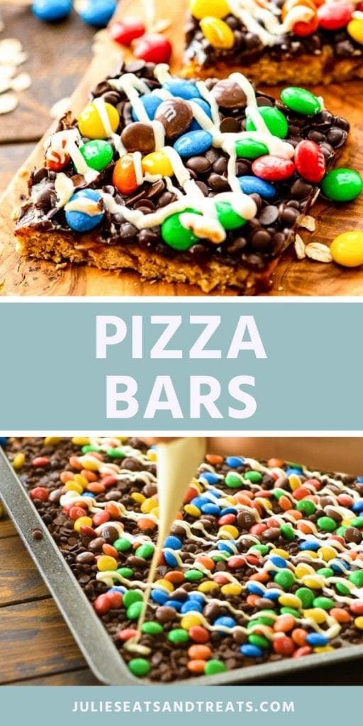 Pizza bars collage. Top image of a bar topped with m&m's and white chocolate, bottom image of a pan of bars being drizzled with white chocolate