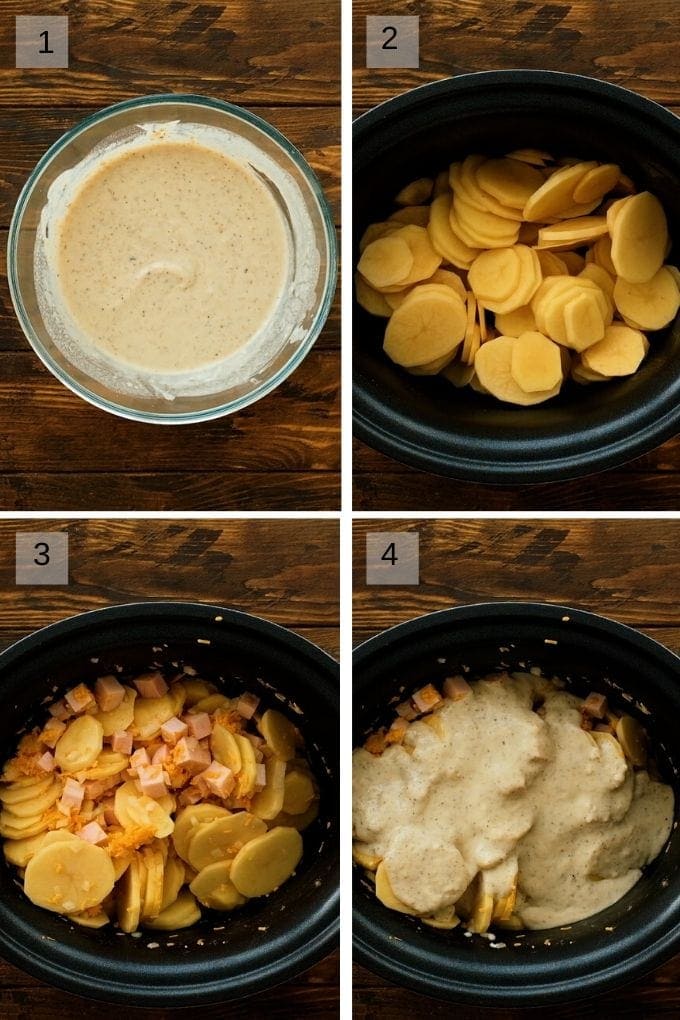 Collage of four photos showing how to make scalloped potatoes