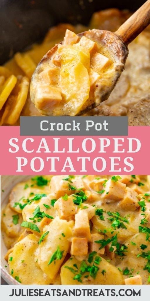 Pinterest Collage for Scalloped Potatoes and Ham. Top image of a wooden spoon with a scoop of scalloped potatoes on it, bottom image of finished scalloped potatoes and ham in a bowl and garnished with herbs