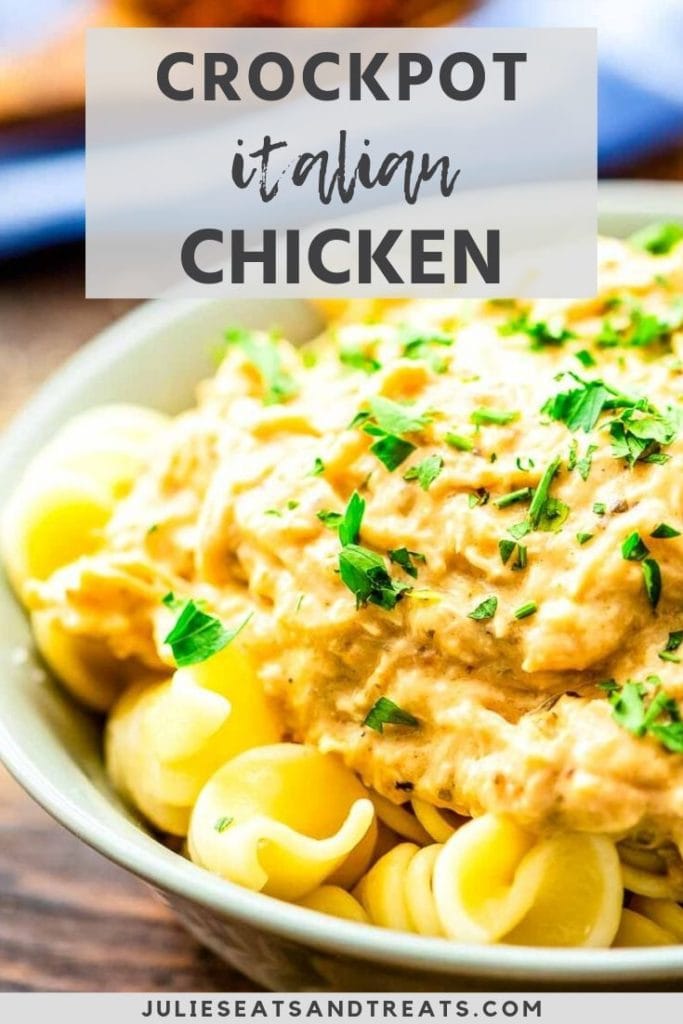 Crockpot Italian chicken served over pasta in a bowl