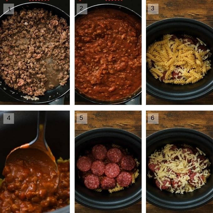 Collage of step by step photos to make crockpot pizza pasta