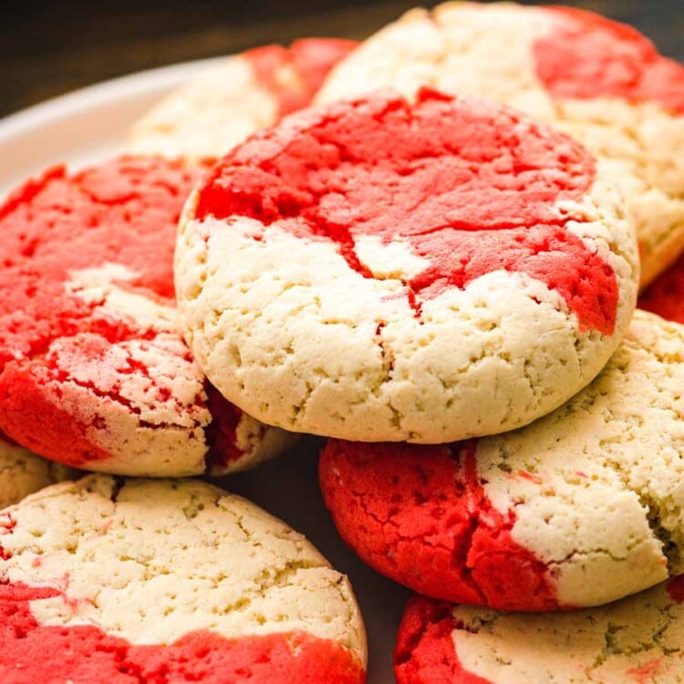 Christmas cake mix cookies stacked on a plate