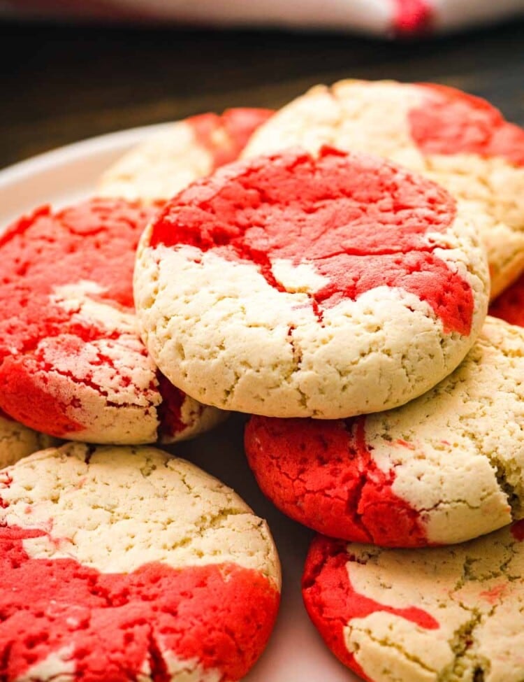 Christmas cake mix cookies stacked on a plate