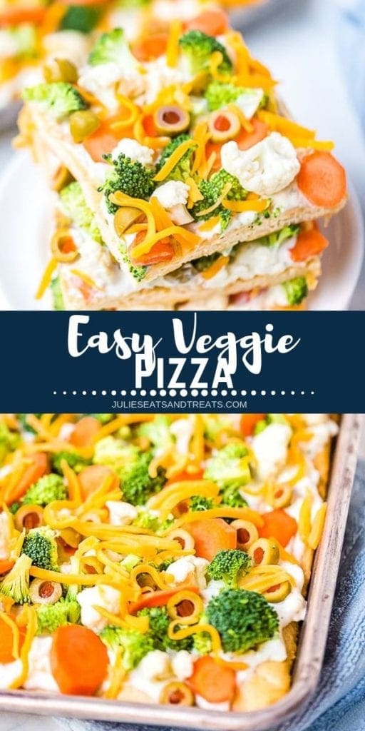 Collage with top image of three veggie pizza slices on a plate, middle navy banner with white text reading easy veggie pizza, and bottom image of veggie pizza in the pan