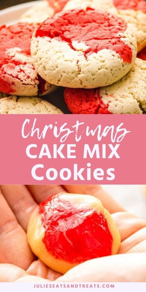 Christmas cake mix cookies collage. Top image of red and white cookies stacked on a plate, bottom image of cookie dough in a hand