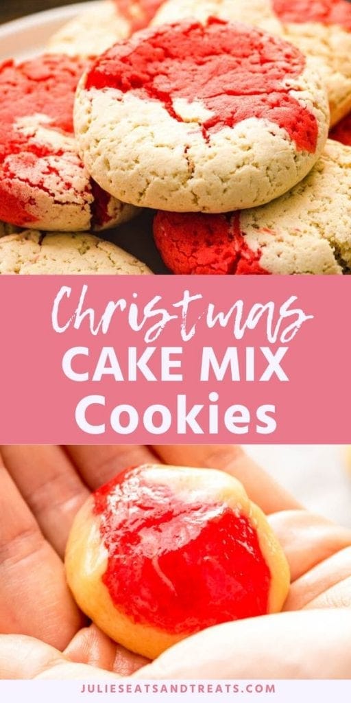 Christmas cake mix cookies collage. Top image of red and white cookies stacked on a plate, bottom image of cookie dough in a hand