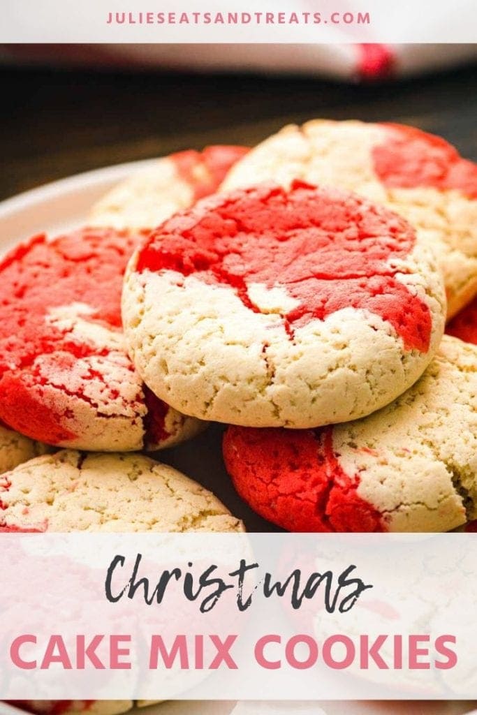 Red and white christmas cake mix cookies stacked on a plate