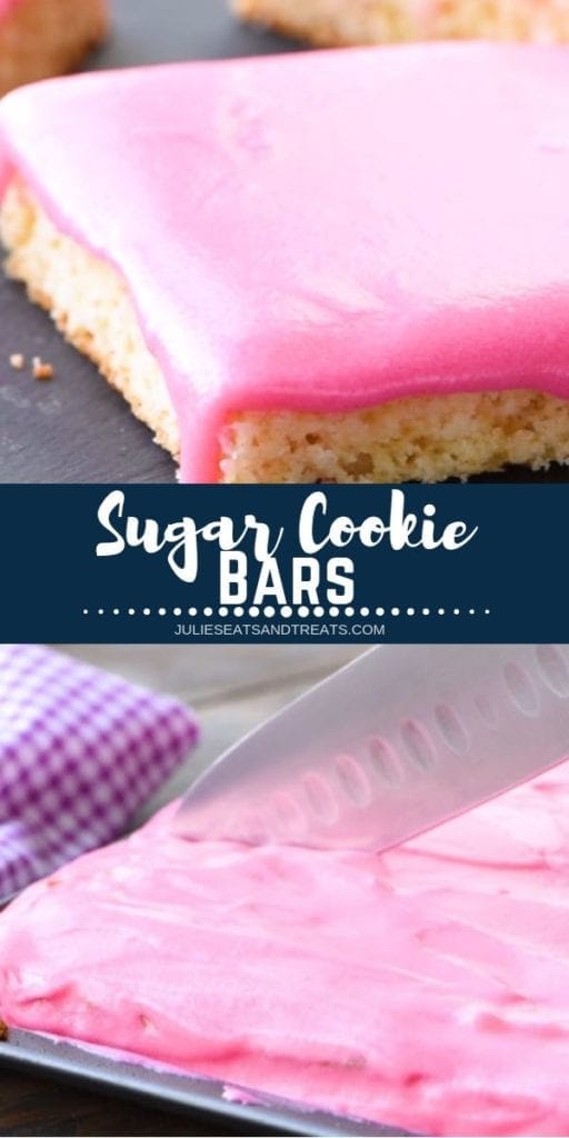 Collage with top image sugar cookie bar with pink frosting, middle navy banner with white text reading sugar cookie bars, and bottom image of sugar cookie bars being cut with a knife