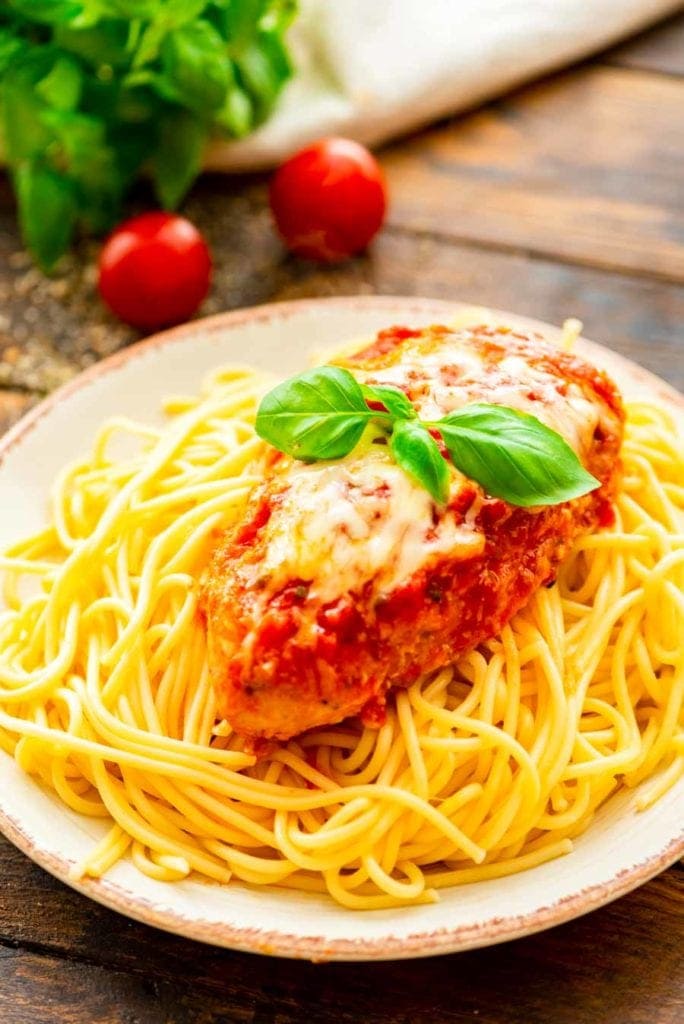 White Plate with Crock Pot Chicken Parmesan