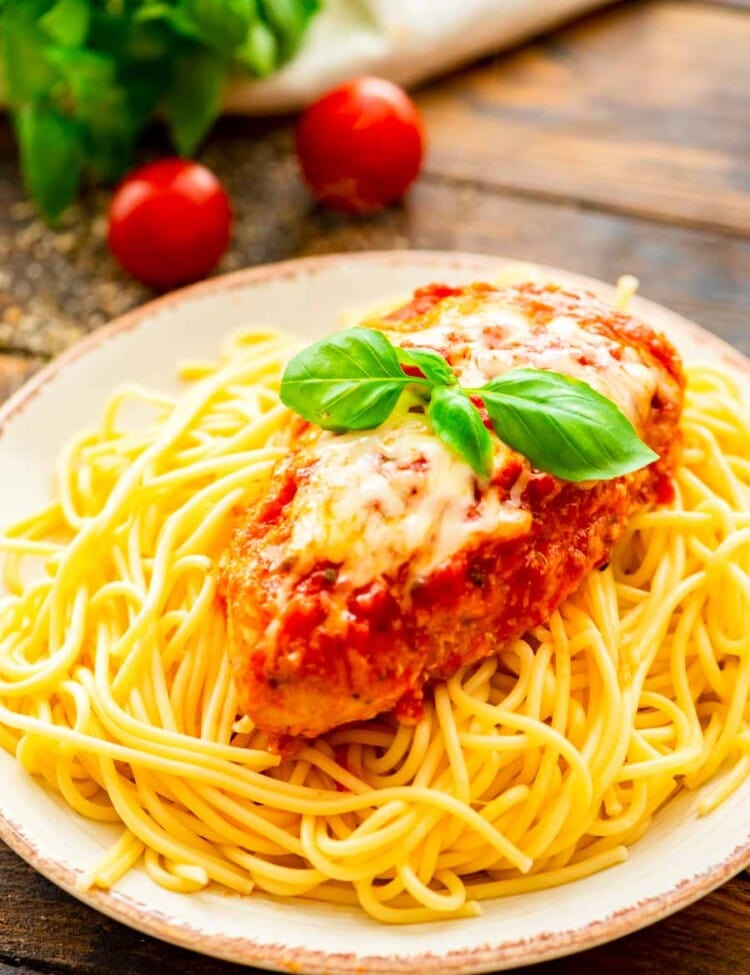 White Plate with Crock Pot Chicken Parmesan