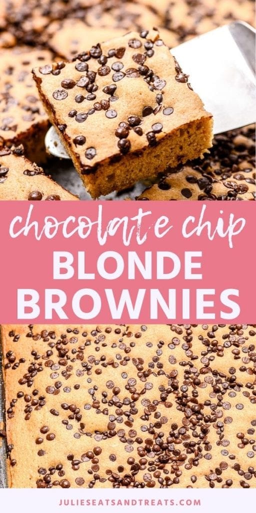 Chocolate chip blonde brownies collage. Top image of a blonde brownie being lifted out of the pan on a metal spatula, bottom image overhead of a whole pan of blonde brownies.