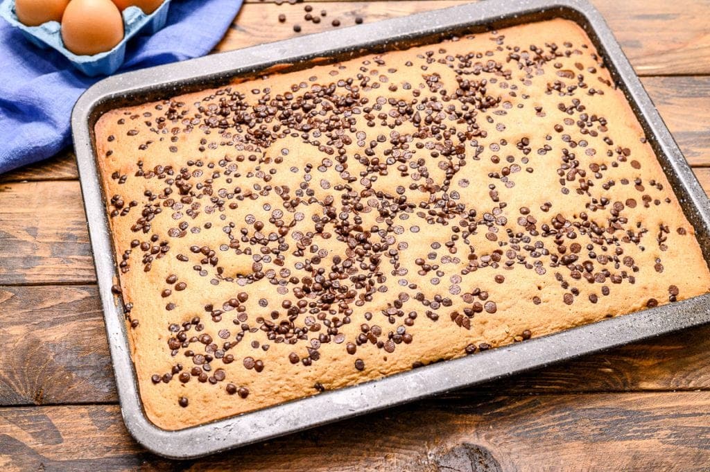 Pan with prepared blonde brownies with chocolate chips on top