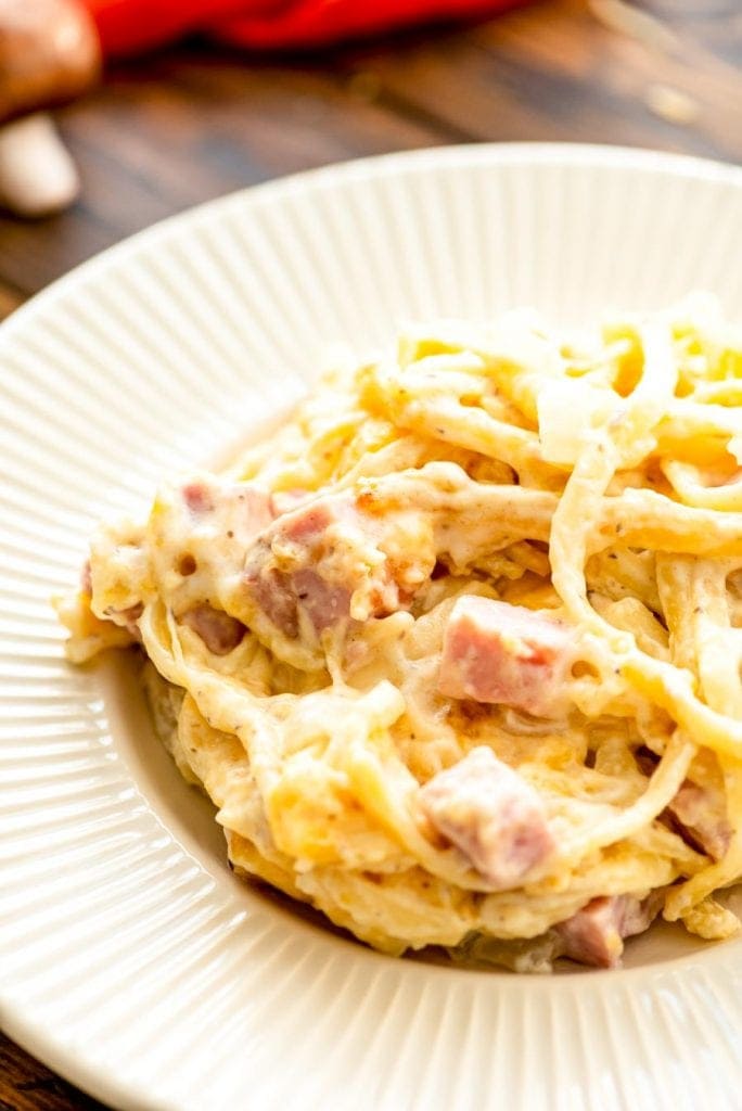 White plate with linguine casserole on it