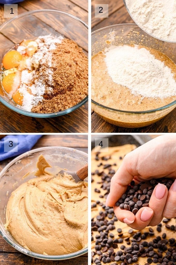 collage of four images showing steps to prepare brownies