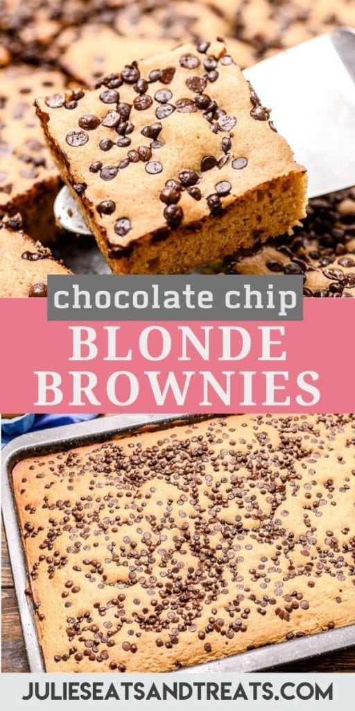 Pinterest Collage of blonde brownies. Top image of a blondie being lifted out of the pan on a metal spatula, bottom image of uncut blonde brownies in a baking pan.