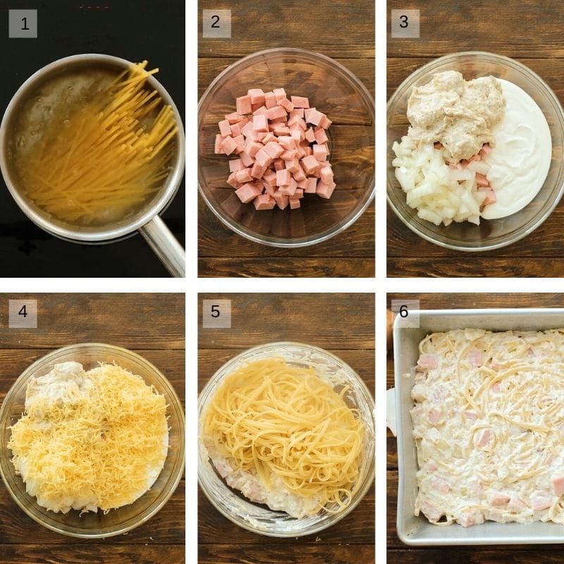 Photo collage of photos to make linguine casserole