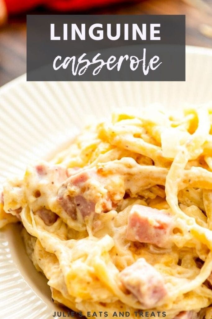 Linguine casserole in a white bowl