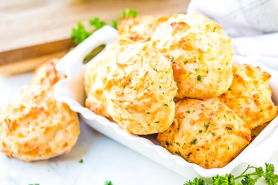 Cheddar Biscuits in white dish