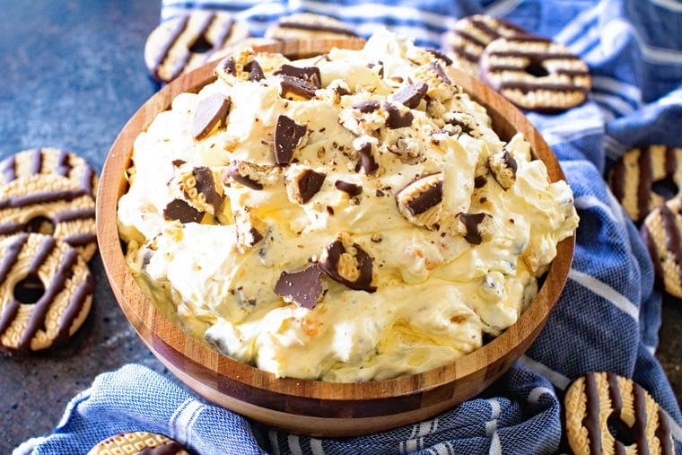 Classic Cookie Salad in Bowl on top of a blue towel