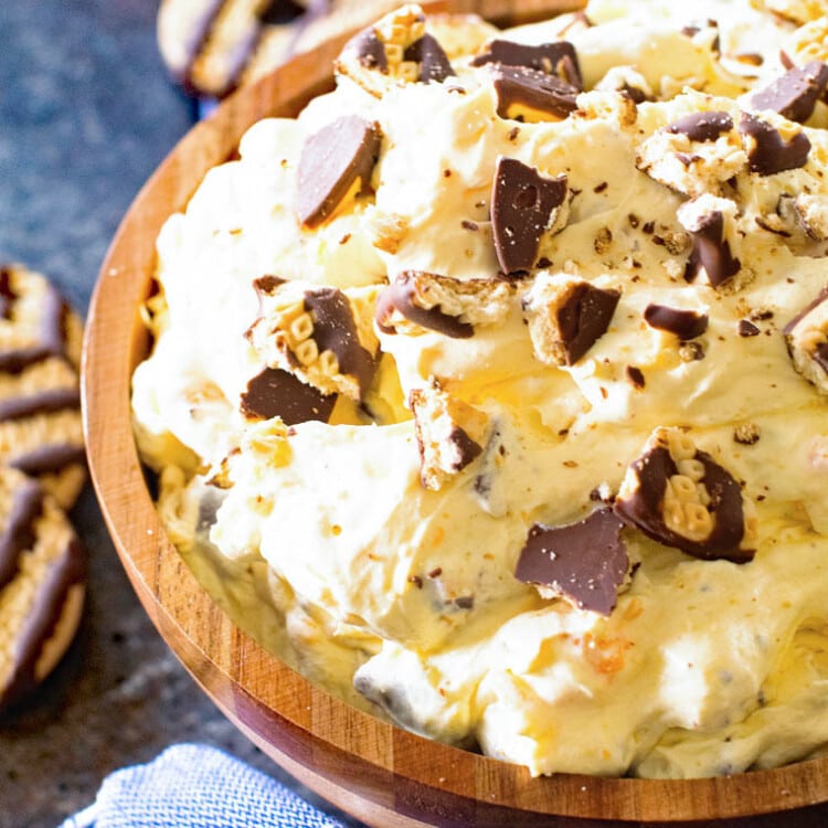 Cookie Salad in Brown Bowl on top of a blue towel