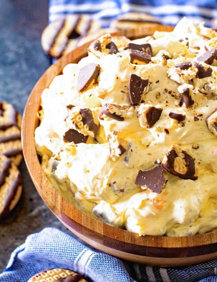 Cookie Salad in Brown Bowl on top of a blue towel