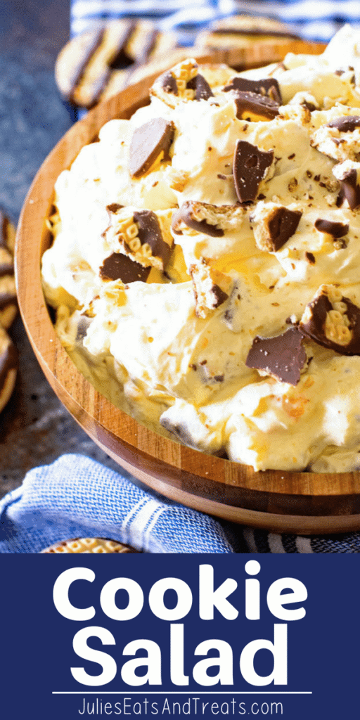 Cookie Salad in a wood bowl on top of a blue towel