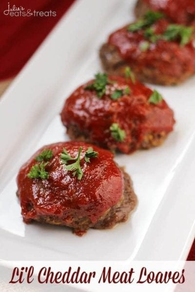 Li'l Cheddar Meat Loaves ~ Soon to be your family's favorite meal! Perfect mini meat loaves loaded with cheddar cheese!