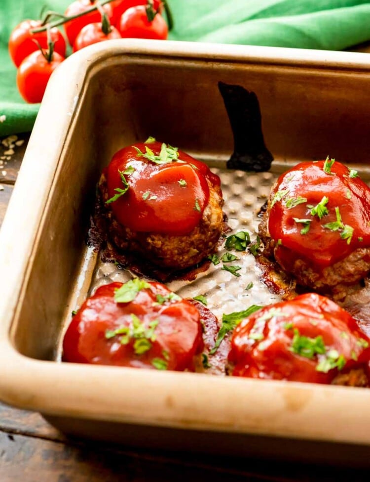 Four Mini Meatloaves in pan