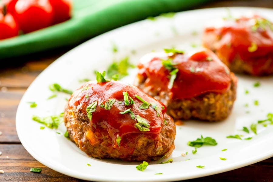 Mini meatloaf on white platter