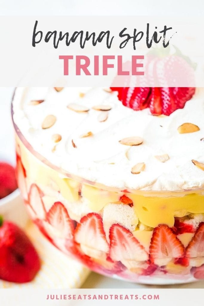 Banana split trifle in a glass bowl