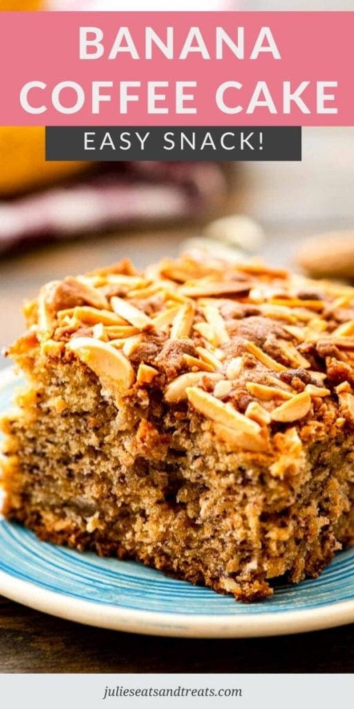 Banana coffee cake topped with nuts on a blue plate