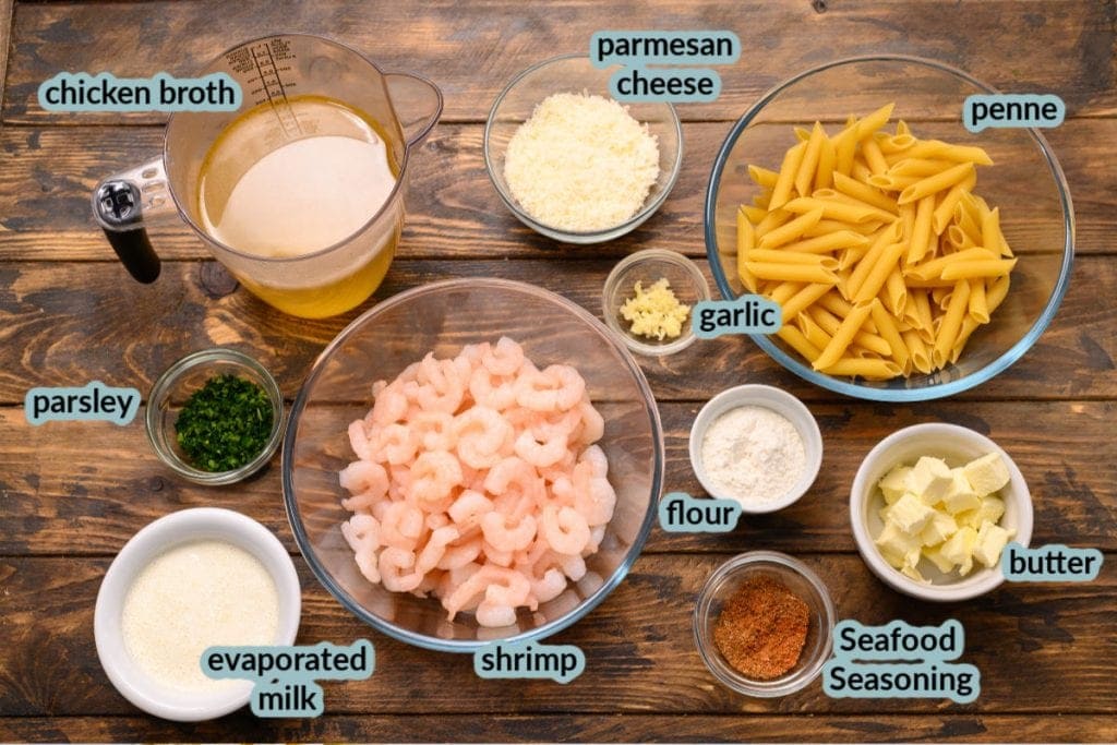 Overhead image showing ingredients needed for shrimp and penne pasta recipe