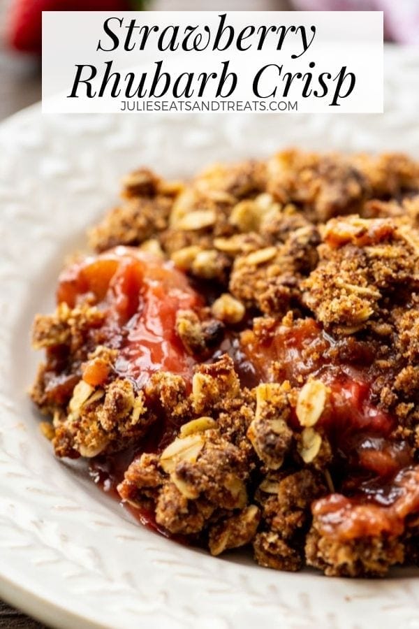 Strawberry rhubarb crisp in a white bowl