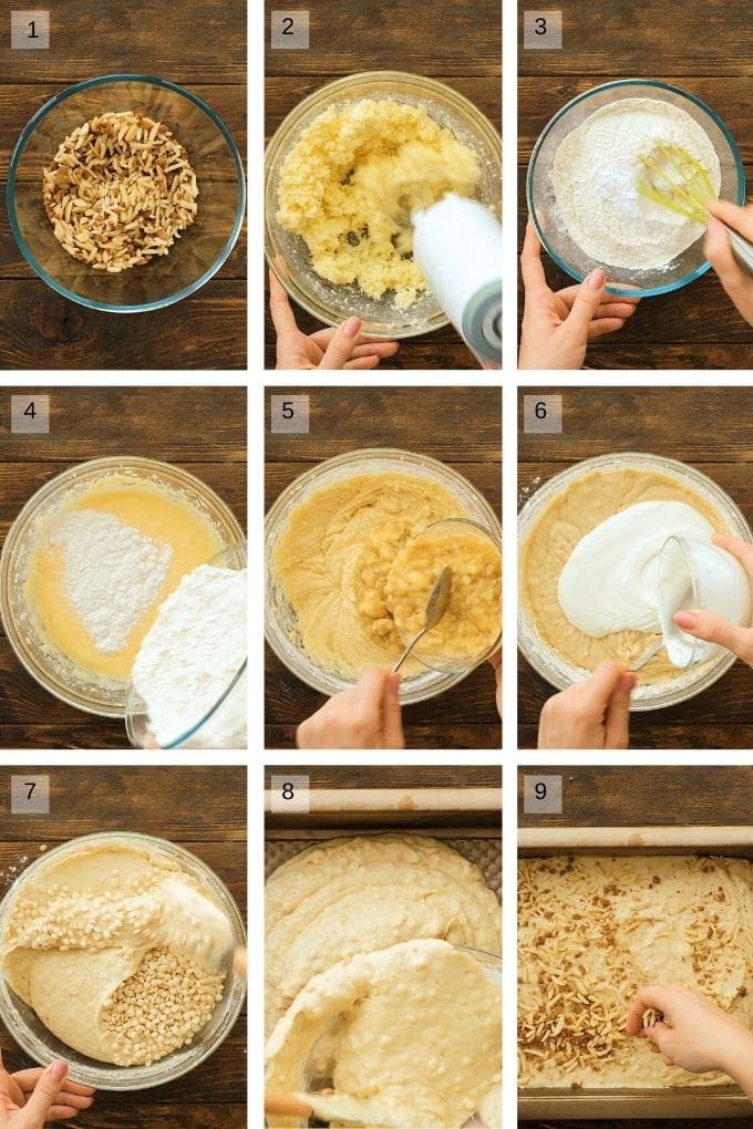 Collage of steps to make coffee cake