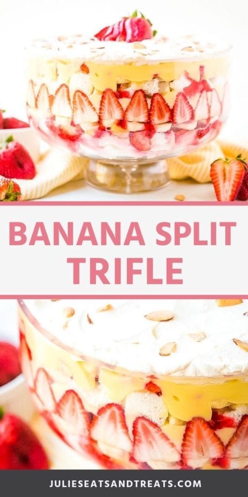Collage with top image of a banana split trifle in a glass bowl, middle banner with pink text reading banana split trifle, and bottom image up close showing layers of whipped cream, banana pudding, and strawberries in a glass bowl