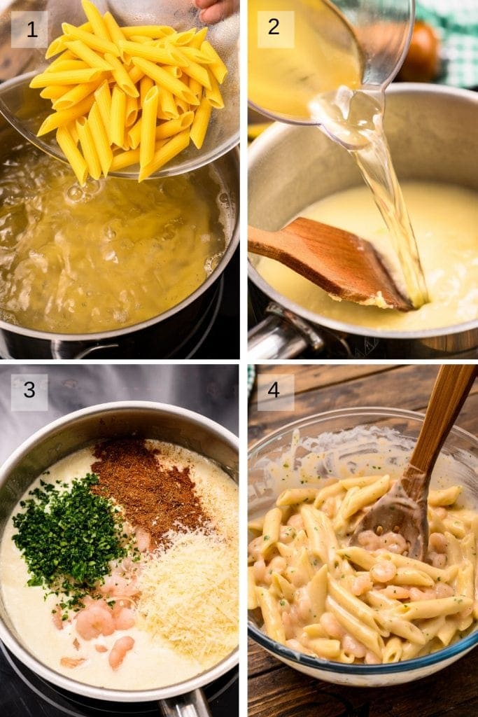 Collage of four images showing steps to make shrimp and penne pasta