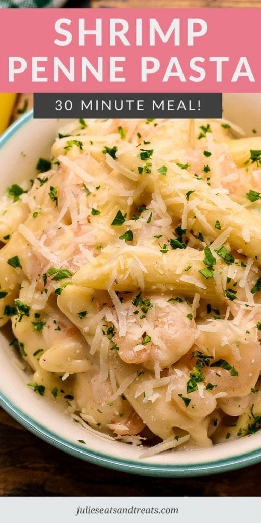 Shrimp Penne Pasta topped with grated parmesan and parsley in a white and blue bowl