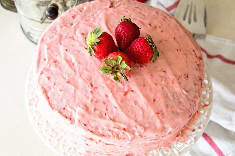 Easy Fresh Strawberry Cake ~ Starts with a Boxed Mix and is Dressed Up Fresh Strawberries and Iced with a Fresh Strawberry Frosting!