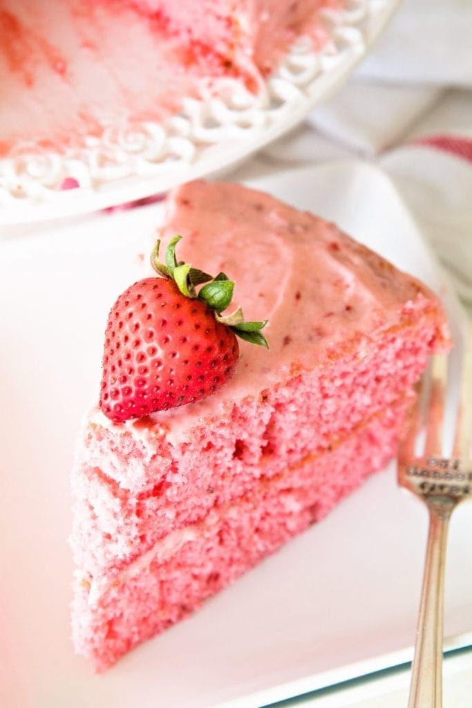 Easy Fresh Strawberry Cake ~ Starts with a Boxed Mix and is Dressed Up Fresh Strawberries and Iced with a Fresh Strawberry Frosting!