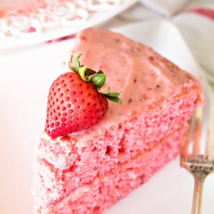 Easy Fresh Strawberry Cake ~ Starts with a Boxed Mix and is Dressed Up Fresh Strawberries and Iced with a Fresh Strawberry Frosting!