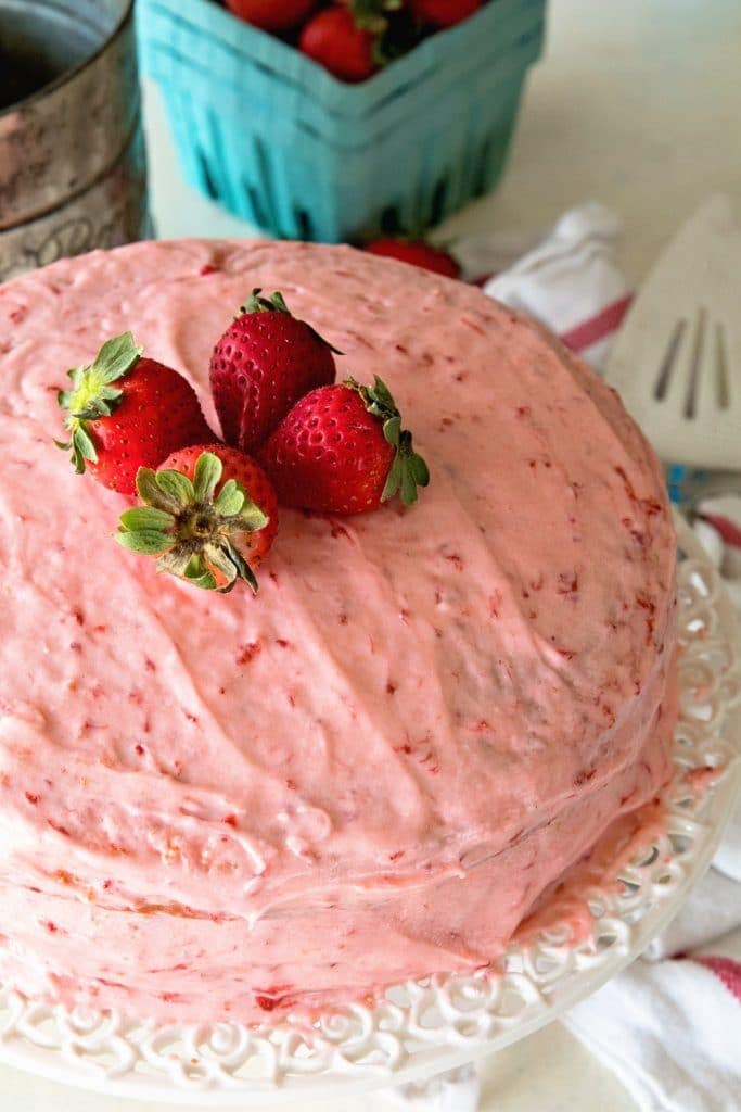 Easy Fresh Strawberry Cake ~ Starts with a Boxed Mix and is Dressed Up Fresh Strawberries and Iced with a Fresh Strawberry Frosting!