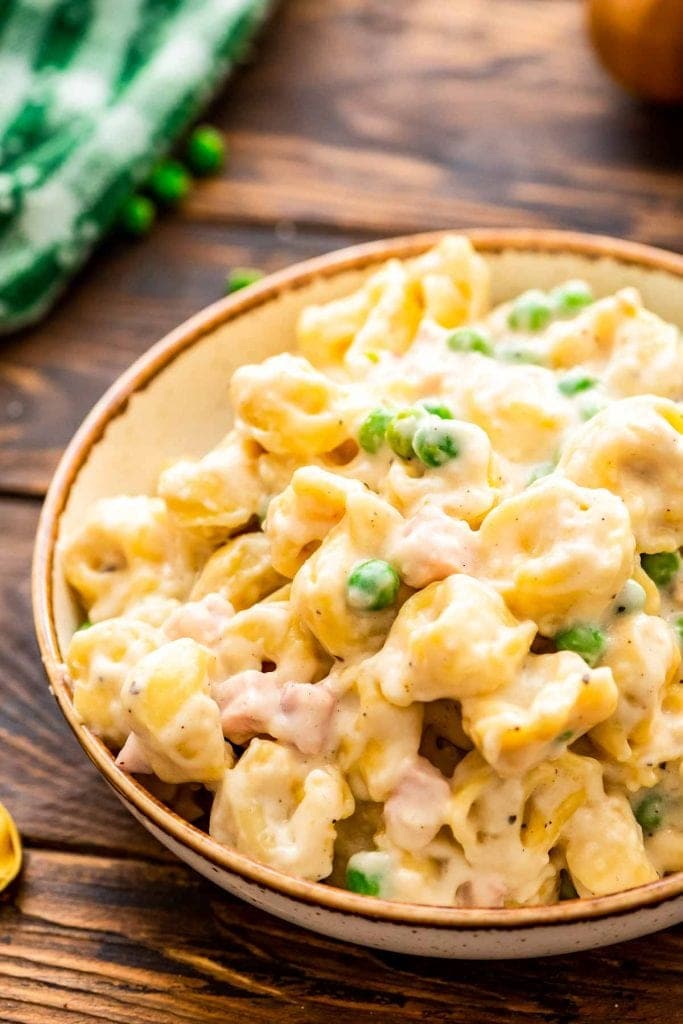 Ham and cheese tortellini in bowl