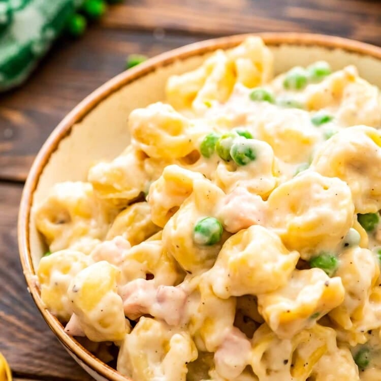 Ham and cheese tortellini in bowl